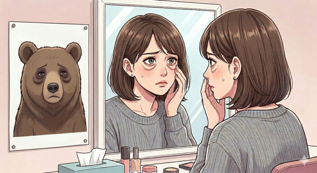 名古屋でハムラ法（裏ハムラ法）の修正を検討する、目の下のクマ・凹凸に悩む女性のイラスト