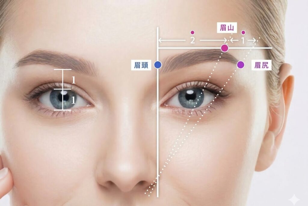 名古屋駅（名駅）のベルヴィアクリニックによる眉の黄金比解説。眉頭、眉山、眉尻の理想的な位置関係と、眉下切開（眉下リフト）による自然な目元の若返り。名駅周辺でバランスの良い眉下リフトを検討されている方へ。