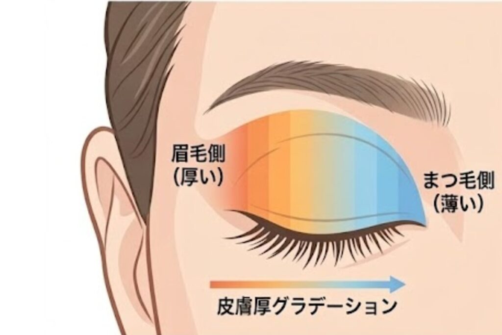 名古屋駅（名駅）のベルヴィアクリニックによる上まぶたの皮膚厚グラデーション解説。眉毛側の厚い皮膚とまつ毛側の薄い皮膚の構造と、眉下切開（眉下リフト）が自然な二重ラインを維持できる理由の名駅での専門ガイド。