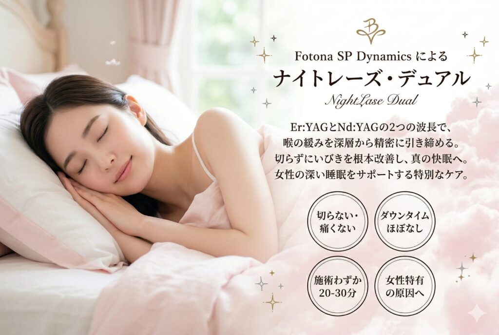 名古屋のBelle Via Clinic(ベルヴィアクリニック)による切らないいびき治療「ナイトレーズ・デュアル」のイメージ。Fotona SP Dynamicsを用い、女性のいびき原因となる喉の粘膜の緩みをレーザーで引き締め、快眠をサポートします。