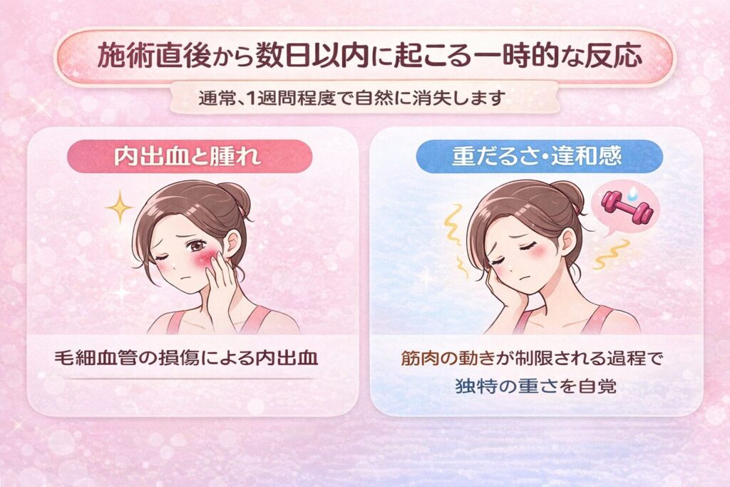 ボトックス注射後の内出血と腫れ、重だるさの症状を解説するイラスト図解。名古屋の専門医が教える一時的な副作用のメカニズム。