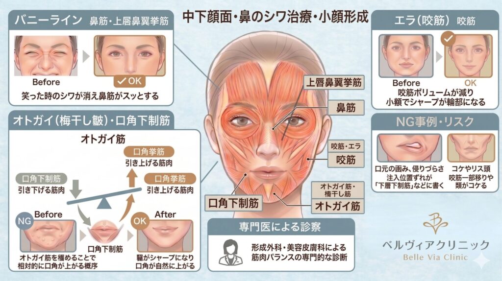 中下顔面・鼻のシワ治療と小顔形成の解説図。顔面解剖図に基づき、バニーライン（鼻筋・上唇鼻翼挙筋）、エラボトックス（咬筋）、オトガイ（梅干し皺）、口角下制筋へのボトックス注入部位と効果をBefore/After比較やリスクと共に示した専門的ガイド。