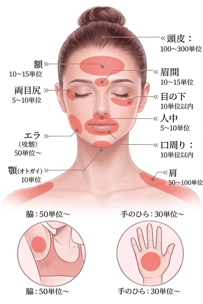 名古屋市中区・栄の美容皮膚科「Belle Via Clinic」によるボトックス注入部位別の推奨単位数解説図。形成外科専門医の知見に基づき、顔面の額、眉間、目尻、目の下、人中、口周り、エラ、顎のほか、多汗症対策の頭皮（100〜300単位）、脇（50単位〜）、手のひら（30単位〜）、そして肩（50〜100単位）への適切な投与量を日本語のイラストで詳細に示しています。