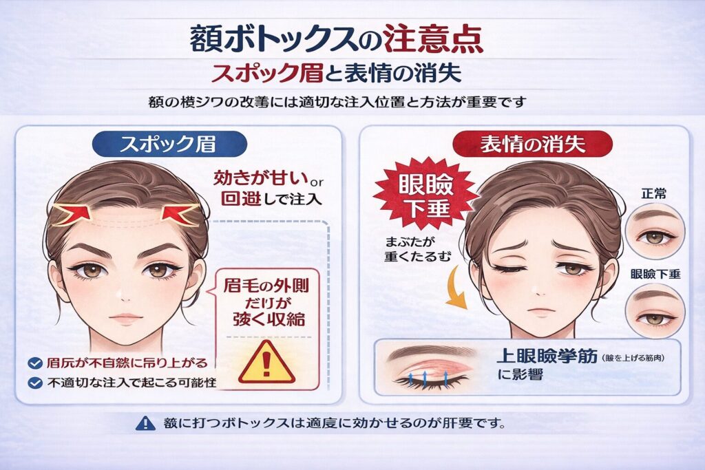 額ボトックス後のスポック眉（眉尻の吊り上がり）と眼瞼下垂のメカニズム解説。前頭筋への不適切な注入が招く表情の変化を示すイラスト図解。名古屋の専門医によるリスク管理。
