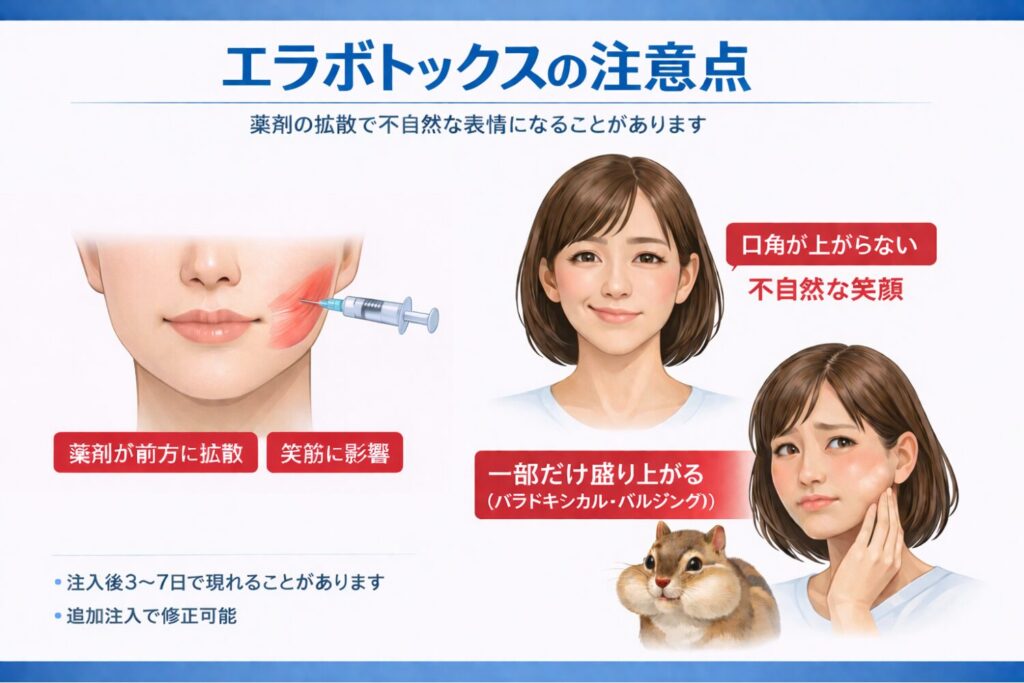 名古屋駅（名駅）エリアの美容皮膚科・形成外科におけるエラボトックス治療の注意点と副作用リスクを解説した画像。咬筋へのボトックス注射時、薬剤が前方の笑筋に拡散することで生じる口角が上がらない不自然な笑顔や、一部の筋肉がリスのように盛り上がるパラドキシカル・バルジングの症状を描写しています。注入後3〜7日で現れる可能性があり、追加注入で修正可能であることを示しています。