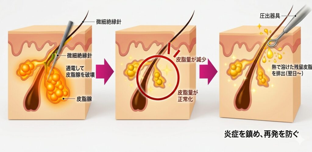 名古屋駅（名駅）エリアの美容皮膚科・形成外科、ベルヴィアクリニックによるポテンツァ（POTENZA）チョクビ治療の解説イラスト。治療前（ニードル挿入）、治療後（皮脂腺萎縮）、メルティング（圧出処置）の3段階を解剖学的視点から図解した Standalone イラスト。形成外科専門医、加藤秀輝院長の技術をアピール。