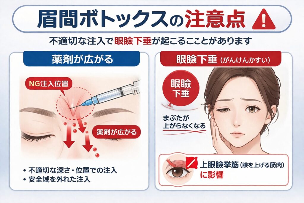 眉間ボトックスの不適切な注入による眼瞼下垂（がんけんかすい）のメカニズム解説。薬剤が上眼瞼挙筋へ波及するリスクを示すイラスト。名古屋の専門医による安全な注入指導。