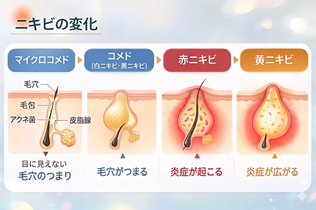 名古屋駅（名駅）のベルヴィアクリニックによるニキビの変化と進行プロセスの解説。マイクロコメド、白ニキビ・黒ニキビ（コメド）、赤ニキビ、黄ニキビと炎症が広がる仕組みを名駅での専門治療ガイド。