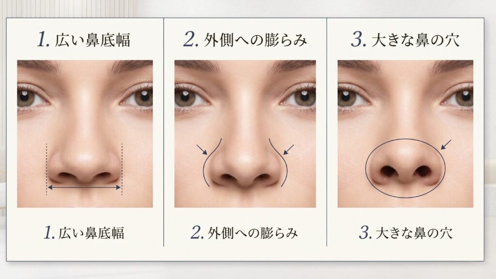 名古屋駅（名駅）の形成外科・美容皮膚科「Belle Via Clinic」による小鼻縮小術（鼻翼縮小）の適応タイプ分類解説画像。左カラムは広い鼻底幅、中央カラムは外側への膨らみ（あぐら鼻）、右カラムは大きな鼻の穴の3つの鼻の形状と特徴を比較したデザイン。皮脂腺抑制のためのボトックス併用治療にも対応した鼻整形のシミュレーションイメージ。