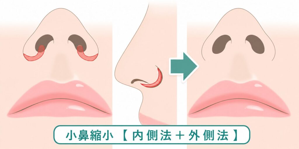 名古屋駅（名駅）の形成外科・美容皮膚科「Belle Via Clinic（ベルヴィアクリニック）」による小鼻縮小術（内側法＋外側法）の施術前後比較イラスト。左側は正面から見た鼻孔底と小鼻外側（赤い線の部位）の複合切除デザイン、中央は側面（横顔）から見た鼻翼溝に沿った切除ラインを示し、右側は術後のすっきりと洗練された鼻元を表現。皮脂分泌と筋肉の広がりを抑えて傷跡を極限まで目立たせないボトックス治療を併用したハイブリッド鼻整形の解説イメージ。