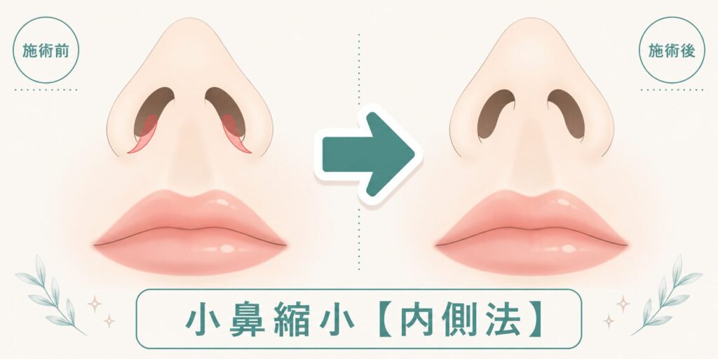 名古屋駅（名駅）の形成外科・美容皮膚科「Belle Via Clinic（ベルヴィアクリニック）」による小鼻縮小術（内側法）の施術前（Before）と施術後（After）の比較解説イラスト。施術前は鼻の穴の内側（鼻孔底の赤い線の部位）を切除デザインとし、鼻底幅を狭める方向を緑の矢印で表現。施術後は傷跡が鼻の内側に隠れて目立たなくなり、鼻の穴の底の幅が自然に縮小した状態を示す。皮脂腺分泌を抑制して美しい上皮化を促すボトックス治療を併用した鼻整形のイメージ図。