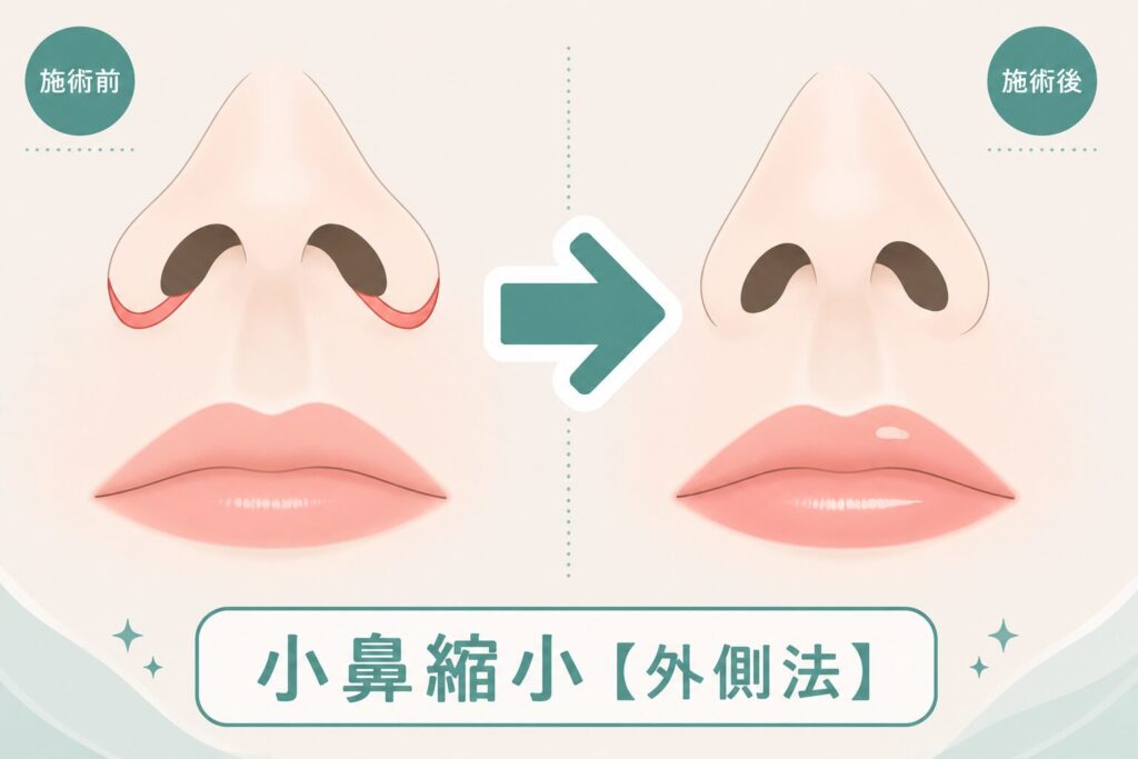 名古屋駅（名駅）の美容皮膚科・形成外科「Belle Via Clinic（ベルヴィアクリニック）」による小鼻縮小術（外側法）の施術前（Before）と施術後（After）の比較解説イラスト。施術前は小鼻の外側下部（赤い線で示された部位）を切除デザインとし、内側へと引き寄せる方向を緑の矢印で表現。施術後は小鼻の横幅と張り出しがすっきりと改善した状態を示す。皮脂腺の働きを抑えて傷口を美しく上皮化させるボトックス治療の併用にも対応した鼻整形のイメージ図。