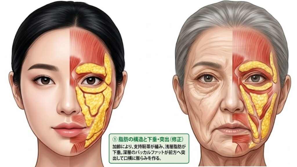 名古屋駅(名駅)の美容皮膚科Belle Via Clinicによる顔の老化メカニズム解説。加齢による支持靭帯の緩みやバッカルファットの突出、表情筋の筋力低下を形成外科専門医が詳しく描写した解剖図。