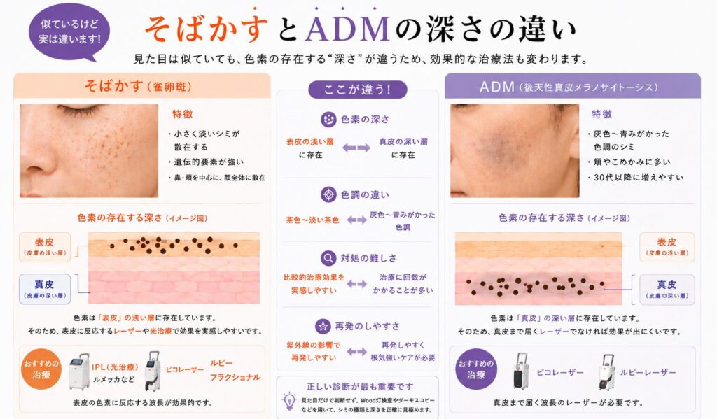 名古屋駅(名駅)エリアの美容皮膚科・形成外科における、そばかす(雀卵斑)とADM(後天性真皮メラノサイトーシス)の深さの違いを解説する図解。女性の頬の症例写真と皮膚の断面図を用い、表皮と真皮における色素の位置、色調の違い、Wood灯検査による診断、およびIPL(ルメッカ等)やピコレーザーなどの推奨治療法を比較しています。
