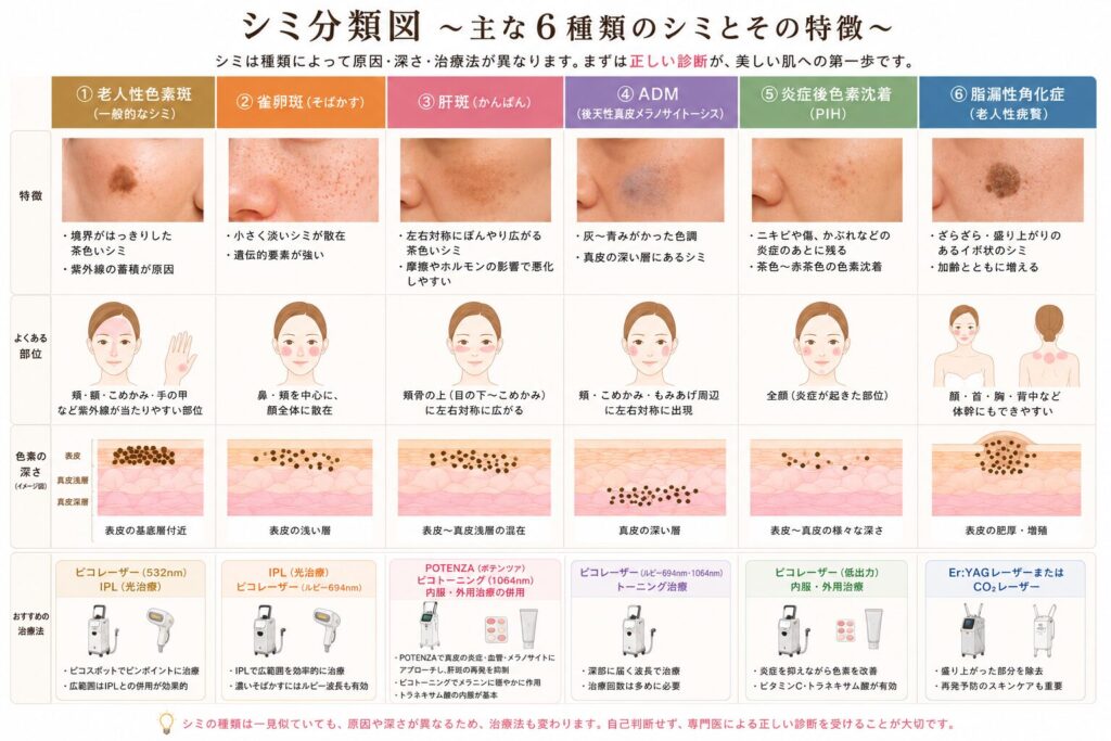 名古屋駅(名駅)エリアの美容皮膚科・形成外科で活用される、主な6種類のシミ分類図。老人性色素斑、雀卵斑(そばかす)、肝斑、ADM、炎症後色素沈着(PIH)、脂漏性角化症について、実際の症状写真、顔のイラストを用いた好発部位、表皮から真皮深層に至るメラニン色素の深さの断面図、およびピコレーザーやPOTENZA(ポテンツァ)、IPLなどの推奨治療法が一覧表で詳細に図解されています。
