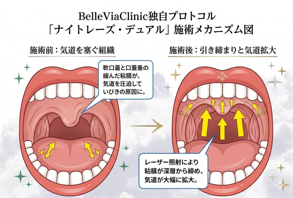 BelleViaClinic(ベルヴィアクリニック)独自のいびき治療「ナイトレーズ・デュアル」の施術メカニズム図。施術前の気道を塞ぐ組織の状態と、レーザー照射によって粘膜が深層から引き締まり気道が大幅に拡大した施術後の状態を比較解説しています。